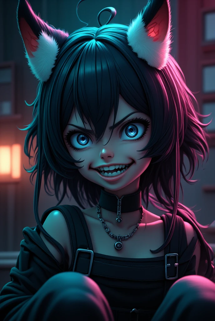 a dark haired anime girl, black eyes, white fur, strong angry personality, doll-like large head, loves rock music video games anime, sitting in room watching anime, detailed face, intricate details, hyper realistic, 8k, masterpiece, photorealistic, dark moody lighting, cinematic composition, dynamic pose, dramatic shadows, vibrant colors, neon lighting