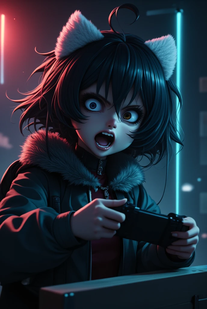 a dark haired anime girl, black eyes, white fur, strong angry personality, doll-like large head, loves rock music video games anime, sitting in room watching anime, detailed face, intricate details, hyper realistic, 8k, masterpiece, photorealistic, dark moody lighting, cinematic composition, dynamic pose, dramatic shadows, vibrant colors, neon lighting