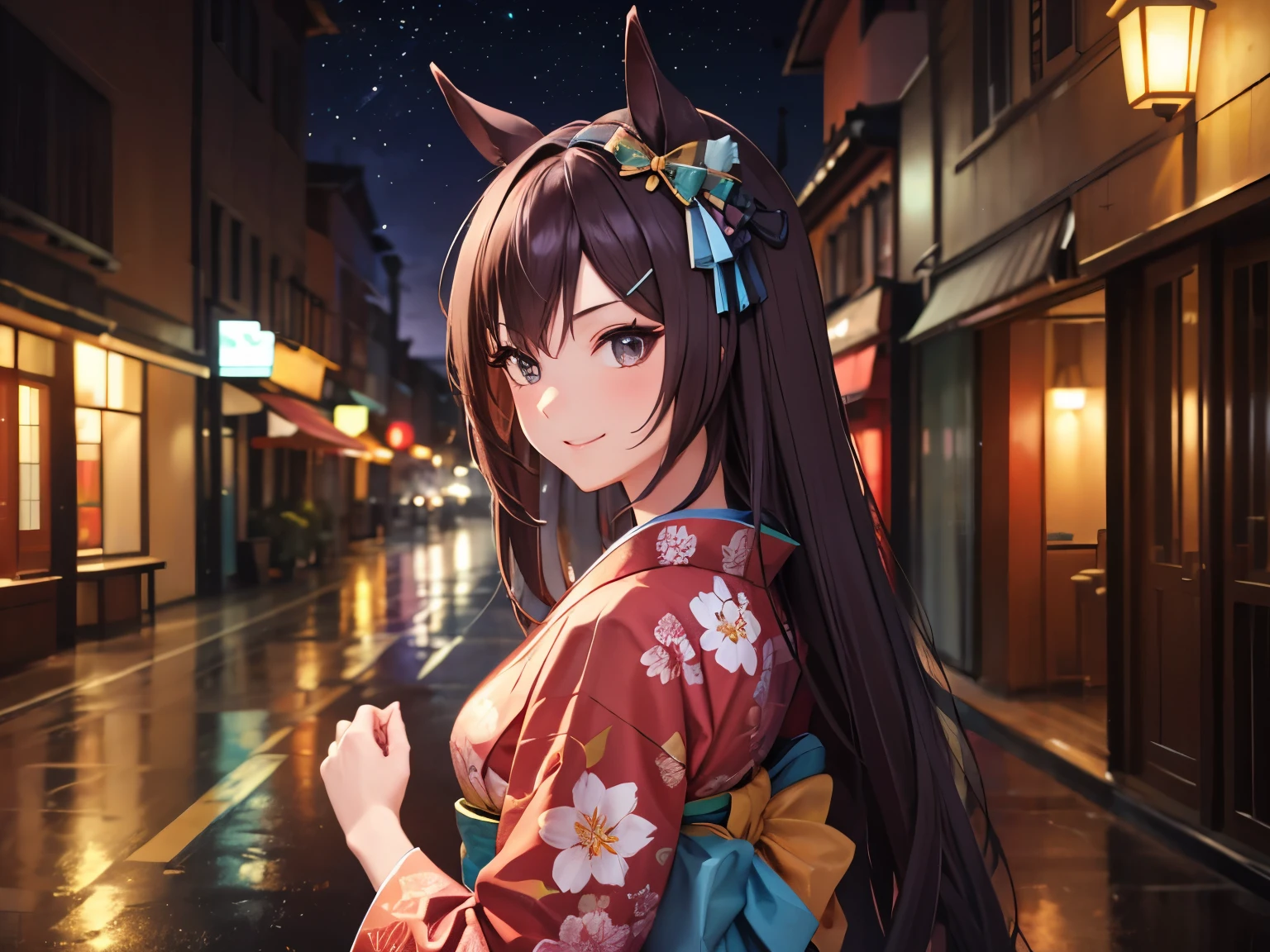 upper body、alone、A woman with horse ears、 kimono、smile、noblewoman pose、Turning around beauty、Midnight Hatsumode