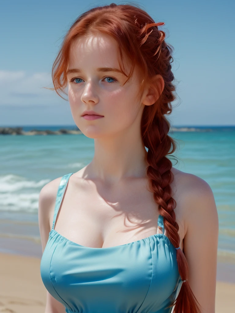 Muscular college girl with large breast and a large butt, blue eyes, pale skin and freckles with cornrow braids and both sides of her head shaved posing for a picture on a beach wearing a bikini