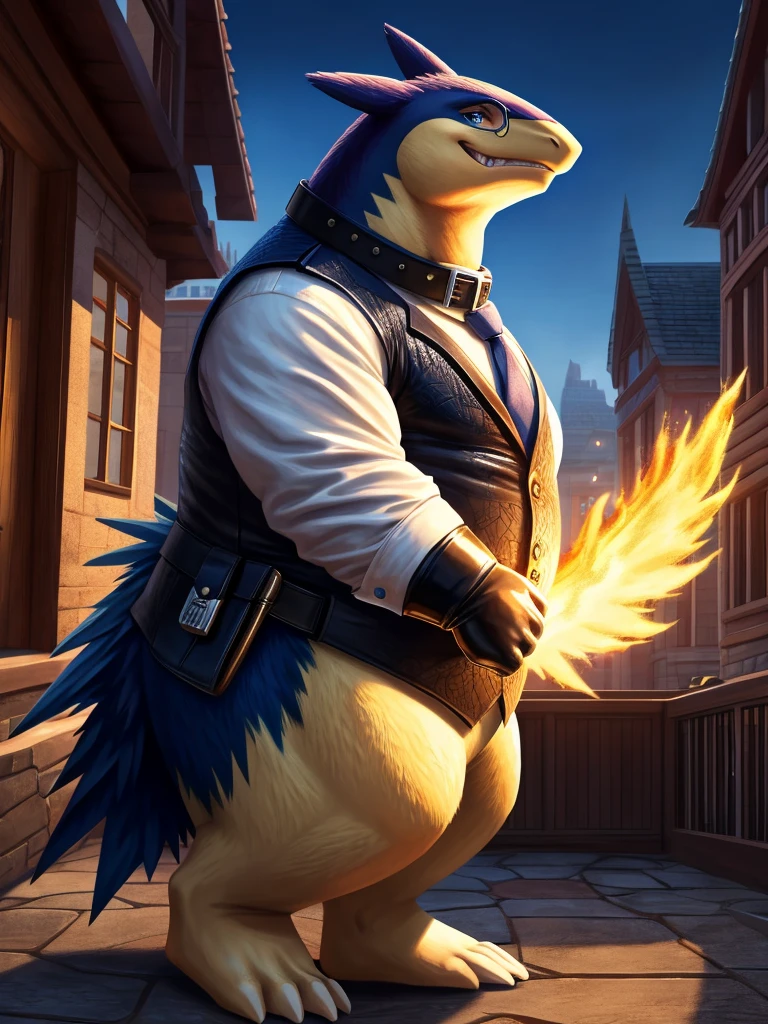 Solo, Male, fat, extremely obese, gentleman, dapper Professor Typhlosion, blue eyes, (posing:1.3), (soft shading), 4k, hi res, ((detailed face, detailed)), looking at viewer, evil grin, steampunk, collared shirt with buttons, top hat, male focus, Explorer Outfit, glasses, monocle, bag, vest with buttons, backpack, sleeves rolled up, round eyewear, brown headwear, brown vest, Typhlosion is wearing a glossy leather dog collar around the neck, Typhlosion is wearing the leather collar and shirt and vest at the same time, Typhlosion is wearing glossy white rubber gloves on the hands, wearing white rubber gloves on the feet, Typhlosion is wearing glossy white cuffs around the wrists with cufflinks, gloves are rubber in texture, clenching teeth, clenching fists, leather collar is glossy and shiny with a lot of detail, Typhlosion is wearing gloves and cuffs and cufflinks at the same time, leather collar has a round dog-tag, leather collar is thick and detailed.