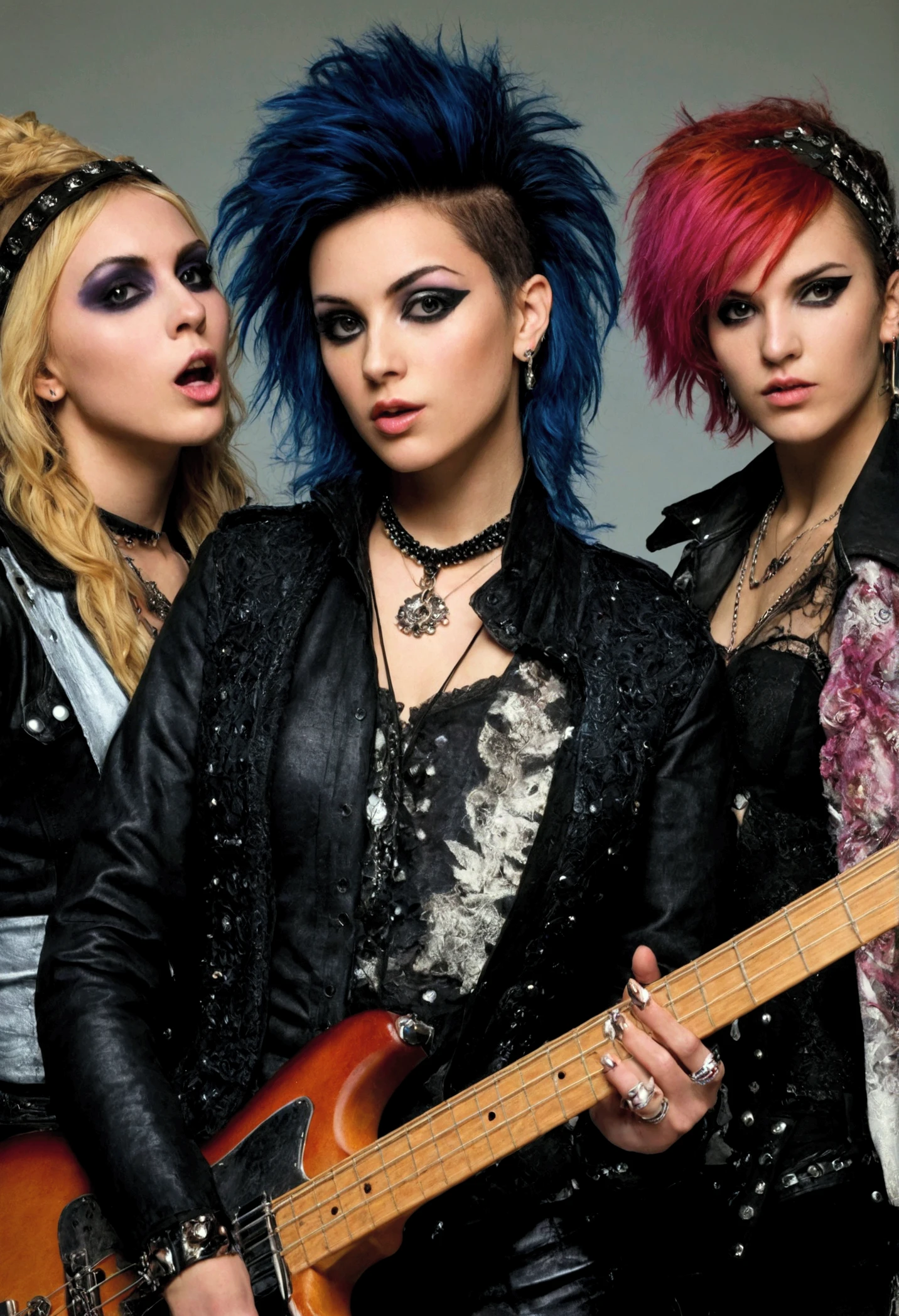 A highly realistic studio photograph of four female rock musicians standing together on a white background. Each musician has a distinct style: one with a gothic look, wearing a black corset, dark makeup, and holding a bass guitar; another with a punk rock vibe, sporting a mohawk, colorful hair, a leather jacket, and holding drumsticks; a third with a bohemian style, featuring a flowing patterned shirt, a headband, and holding an acoustic guitar; and the fourth with a glam rock appearance, wearing a sparkling jacket, bold eyeliner, and holding a microphone. The image should feature detailed facial features, natural lighting, and lifelike textures.