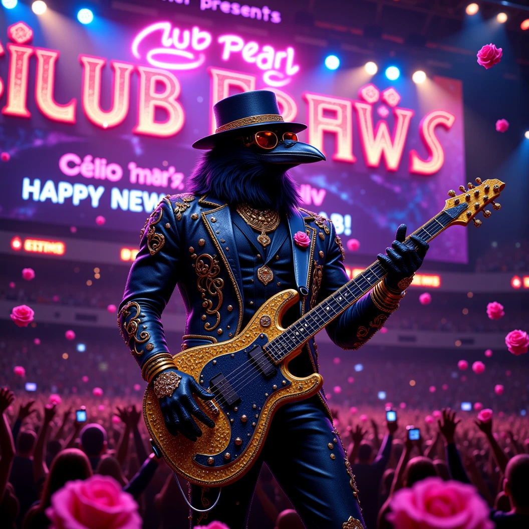 Stadium Blues Rock concert. The band "The Obsidian Flow Project" rocks the stage. A muscular and cool looking anthropomorphic crow is the lead singer and guitarist donned in an ornate black and gold shining suit made if diamonds, a black fedora, large diamond studded sunglasses and shining diamond jewelry. The jumbotrons shows the concert and reads "Happy New Year, MAB!". Large neon sign says "Club Pearl presents The Obsidian Flow Project". Plays on stage facing the crow. Camera flashes can be seen in the crowd. Obsidian dynamically plays his guitar while singing to a retro microphone. The crowd is theowing roses on stage at him. Dynamic Posing, High Resolution, Masterpiece, Award Winning, Super Detailed, Cinematic, Cinematography, Hyperrealism, Depth Of Field, Image Fill. 