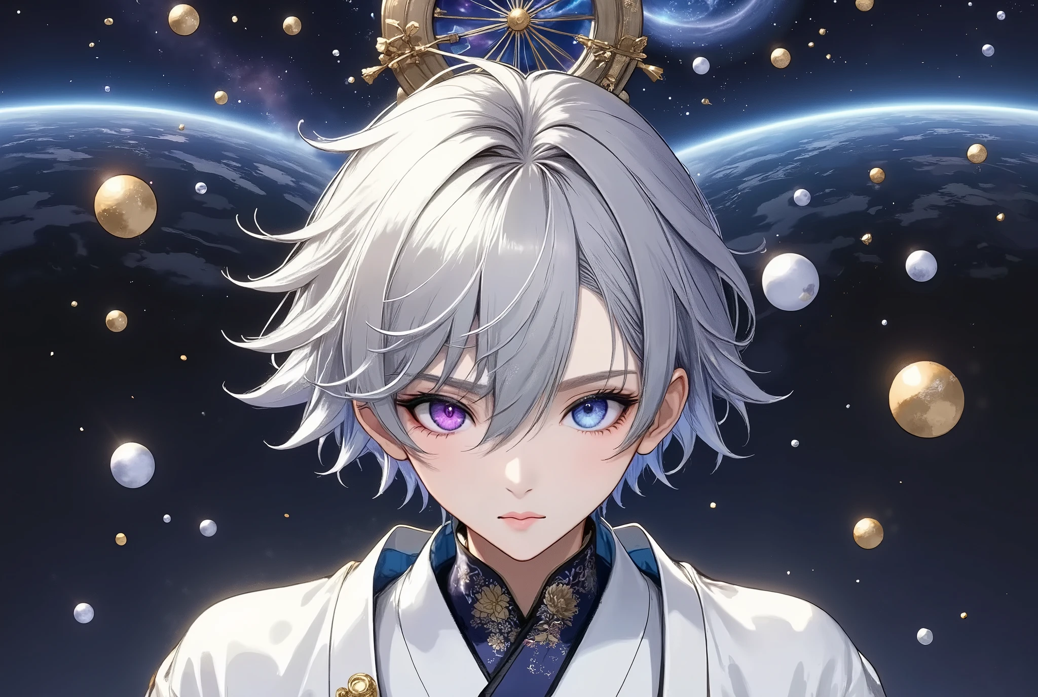  fresh illustration ,
Superfine painting,
 very delicate illustration ,
 Very fine details ,
Picture of only one boy ,
Height: 158cm,
 white skin,
 complete iris heterochromia where the right eye is purple and the left eye is blue,
 beautiful eyes,
 large black pupils ,
 shorthair ,
Gray Hair,
 hair roots are bluish ,
 hair has gradation ,
 shiny hair with makeup,
Beautiful and cute face,
 since age 27,
There is a small shiny rear wheel on top of my head,
 raised eyebrows ,
 and is wearing a kimono on the upper body in kimono,
The lower body is in Chinese style ,
Masculine physique,
 six pack,
 Super Skinny,
No boobs,
The color of the belt is black ,
Overall white clothes ,
 tastefully embroidered with gold thread ,
 fine fabric clothing ,
Isometric,
Golden Ratio,
god々 like atmosphere,
 wearing blue colored padded collar innerwear ,
 outer space ,
Milky Way,
Little Star々 upper body ,
 tactical use of shadows ,
 The ring on the head does not extend beyond the angle of view,
Hair doesn't stick out of the angle of view ,
 waist shot ,

