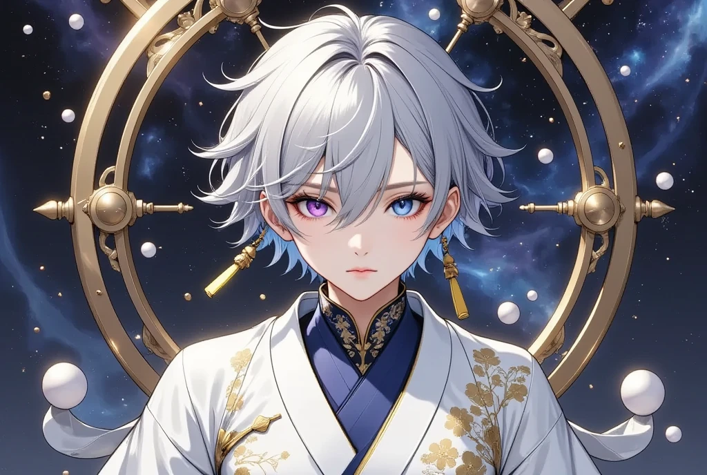  fresh illustration ,
Superfine painting,
 very delicate illustration ,
 Very fine details ,
Picture of only one boy ,
Height: 158cm,
 white skin,
 complete iris heterochromia where the right eye is purple and the left eye is blue,
 beautiful eyes,
 large black pupils ,
 shorthair ,
Gray Hair,
 hair roots are bluish ,
 hair has gradation ,
 shiny hair with makeup,
Beautiful and cute face,
 since age 27,
There is a small shiny rear wheel on top of my head,
 raised eyebrows ,
 and is wearing a kimono on the upper body in kimono,
The lower body is in Chinese style ,
Masculine physique,
 six pack,
 Super Skinny,
No boobs,
The color of the belt is black ,
Overall white clothes ,
 tastefully embroidered with gold thread ,
 fine fabric clothing ,
Isometric,
Golden Ratio,
god々 like atmosphere,
 wearing blue colored padded collar innerwear ,
 outer space ,
Milky Way,
Little Star々 upper body ,
 tactical use of shadows ,
 The ring on the head does not extend beyond the angle of view,
Hair doesn't stick out of the angle of view ,
 waist shot ,

