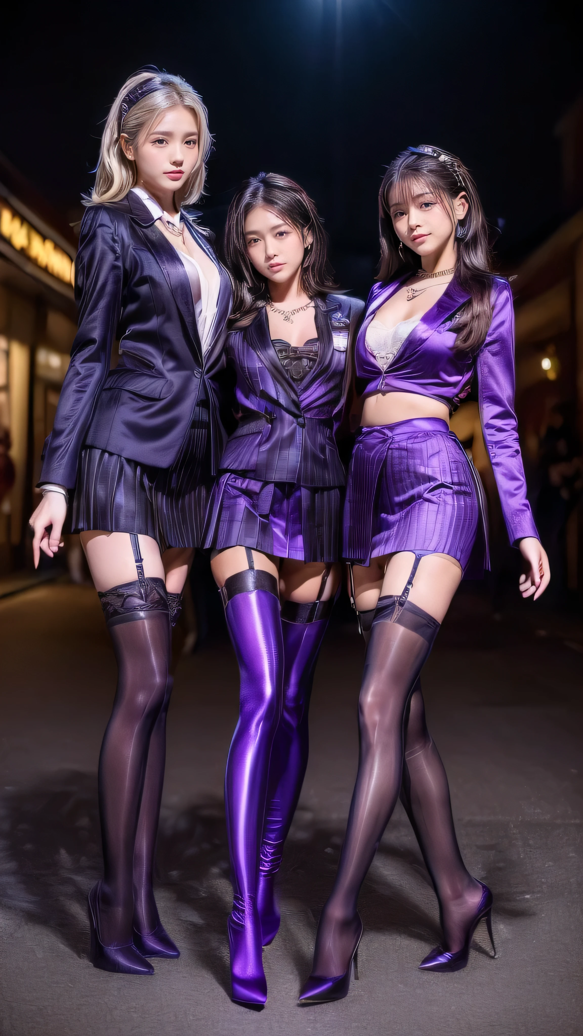 (One Gal:1.8), (Blonde:0.8)，((A Shining Place)), ( outdoor,  shopping mall where high school girls walk,  shopping street), ( I'm showing my whole body,  is standing, (( model pose)), Spread Your Legs Naturally ,  walking ), ( tall ,  thin thighs ,  long legs ,  Small Waist , Beautiful Hips), ((( highly detailed skin ,  beautiful realistic face,  white skin,  brown eyes, Natural Eyes,  focus on the eyes,  accurate limbs in theaters))), ( surrealism ,  Ultra-realistic, 8K quality,  Attention to Details , Super high resolution,  top quality , masterpiece), perfect strict suit,((( chest accentuated office suit ,  Shiny Office Suit Set , (( wear a formal suit jacket)), ((Wear a tight formal skirt )), ((satin purple office suit)), ((( bewitching smile ))),  high waist , (Stiletto heels),  staring at the camera, (Only women are pictured), smooth silhouette, natural curves, photorealistic, intricate details,(Thin chain accessories)，( garter belt)，( garter stockings)，(Black color lingerie )，( beautiful makeup :1.3), ( stylish stretch knee-high boots、 stiletto heels ,):1.2,  Full Body Shots  :1.2