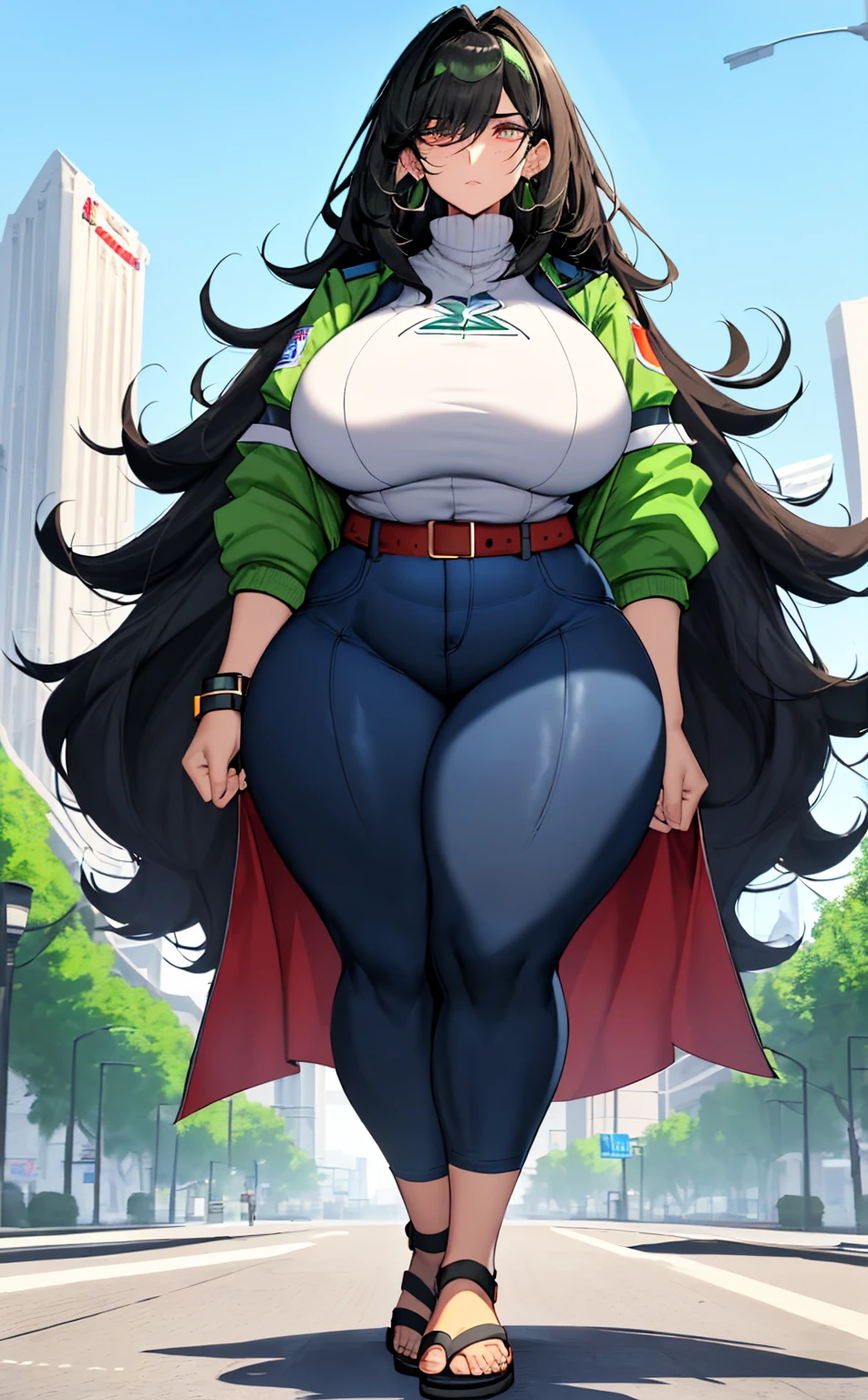 Woman, 21 years old. 1.83m tall, 97kg weight. Wavy black hair with dark green highlights. Mixed Armenian and Chilean heritage. Long legs. Long arms. Very large hands and feet. Thick thighs with firm hip abductor and hip adductor muscles. Pert glutes. Large triceps, slightly pudgy upper arms. Enormous, elongated but very perky breasts. Breasts set far apart. Recent growth spurt. Fresh stretch marks on legs, arms, breasts. Undersized blouse and cropped blazer, tight royal blue capri pants. Strappy leather sandals. Haughty, aloof expression. Long face with full cheeks, prominent cheekbones. Walking in a public plaza. Full body portrait.