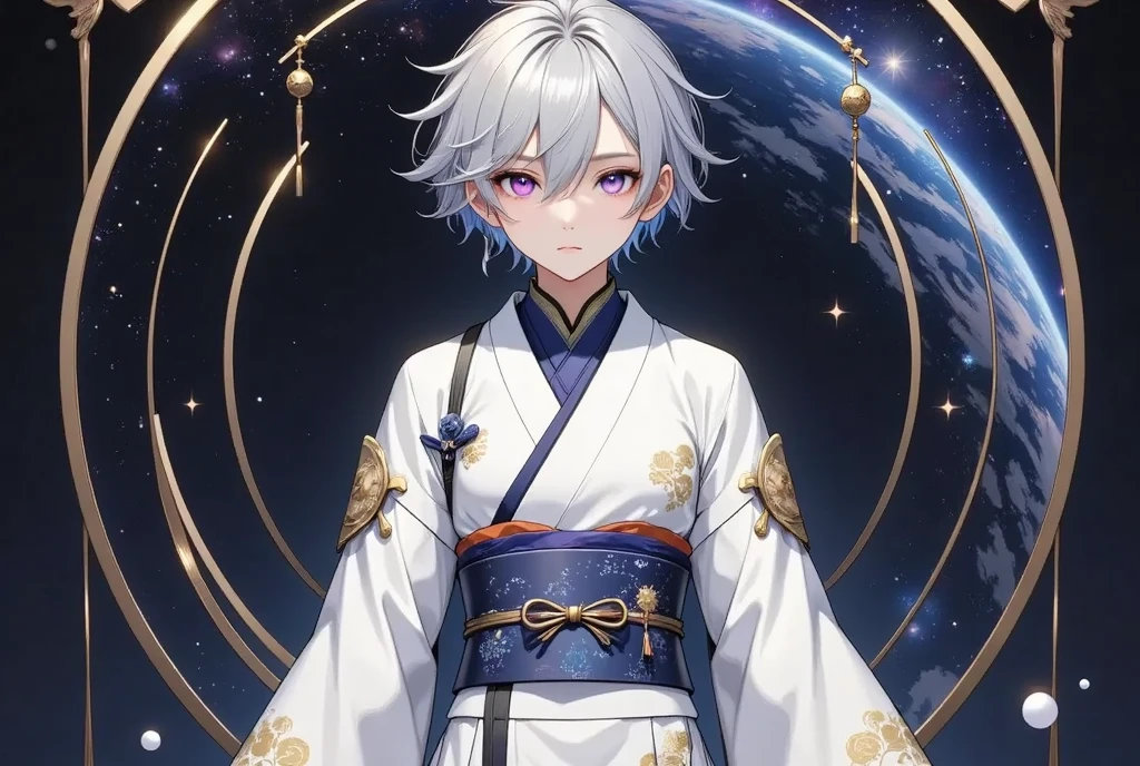  fresh illustration ,
Superfine painting,
 very delicate illustration ,
 Very fine details ,
Picture of only one boy ,
Height: 158cm,
 white skin,
 complete iris heterochromia where the right eye is purple and the left eye is blue,
 beautiful eyes,
 large black pupils ,
 shorthair ,
Gray Hair,
 hair roots are bluish ,
 hair has gradation ,
 shiny hair with makeup,
Beautiful and cute face,
 since age 27,
There is a small shiny rear wheel on top of my head,
 raised eyebrows ,
 and is wearing a kimono on the upper body in kimono,
The lower body is in Chinese style ,
Masculine physique,
 six pack,
 Super Skinny,
No boobs,
The color of the belt is black ,
Overall white clothes ,
 tastefully embroidered with gold thread ,
 fine fabric clothing ,
Isometric,
Golden Ratio,
god々 like atmosphere,
 wearing blue colored padded collar innerwear ,
 outer space ,
Milky Way,
Little Star々 upper body ,
 tactical use of shadows ,
 The ring on the head does not extend beyond the angle of view,
Hair doesn't stick out of the angle of view ,
 waist shot ,

