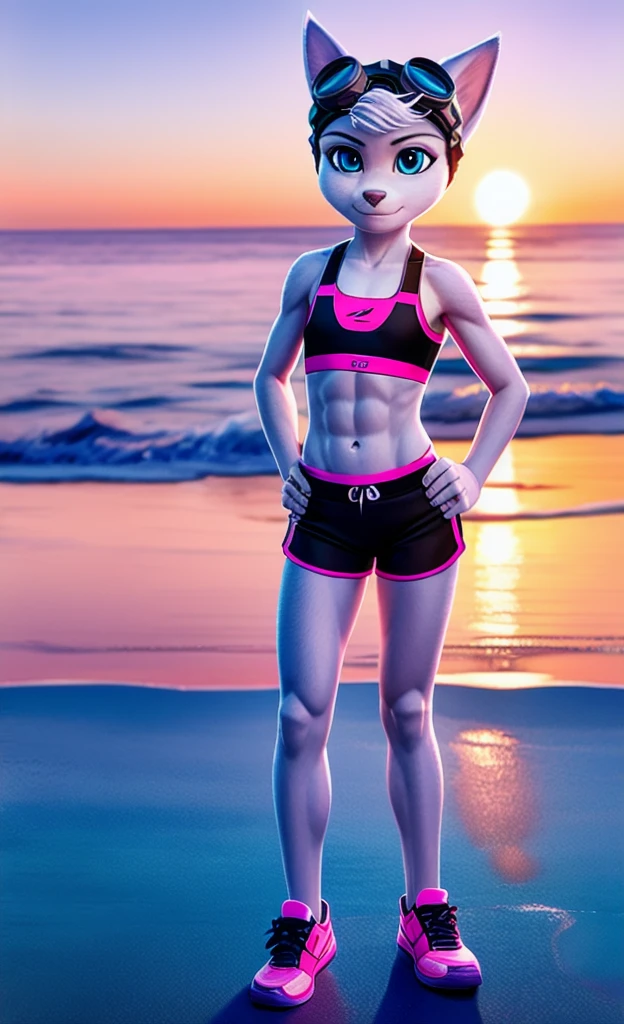 Nudel, a beautiful woman with pink hair, runs across the beach at sunset, her cyber clothing enhancing her fluid movements. Each strand of her pink hair catches the light, adding a vibrant contrast to the setting sun. This 3d render is a masterpiece, captured with exceptional detail and rich colors. The image boasts of perfectly proportional dimensions and photorealistic quality, making it a stunning piece of art. The sunset backdrop, with its warm hues and cold reflections on the water, adds to the surreal ambiance. The detailed facial features and finely textured skin of the woman are visible even from a distance, making this high-definition image a must-have for