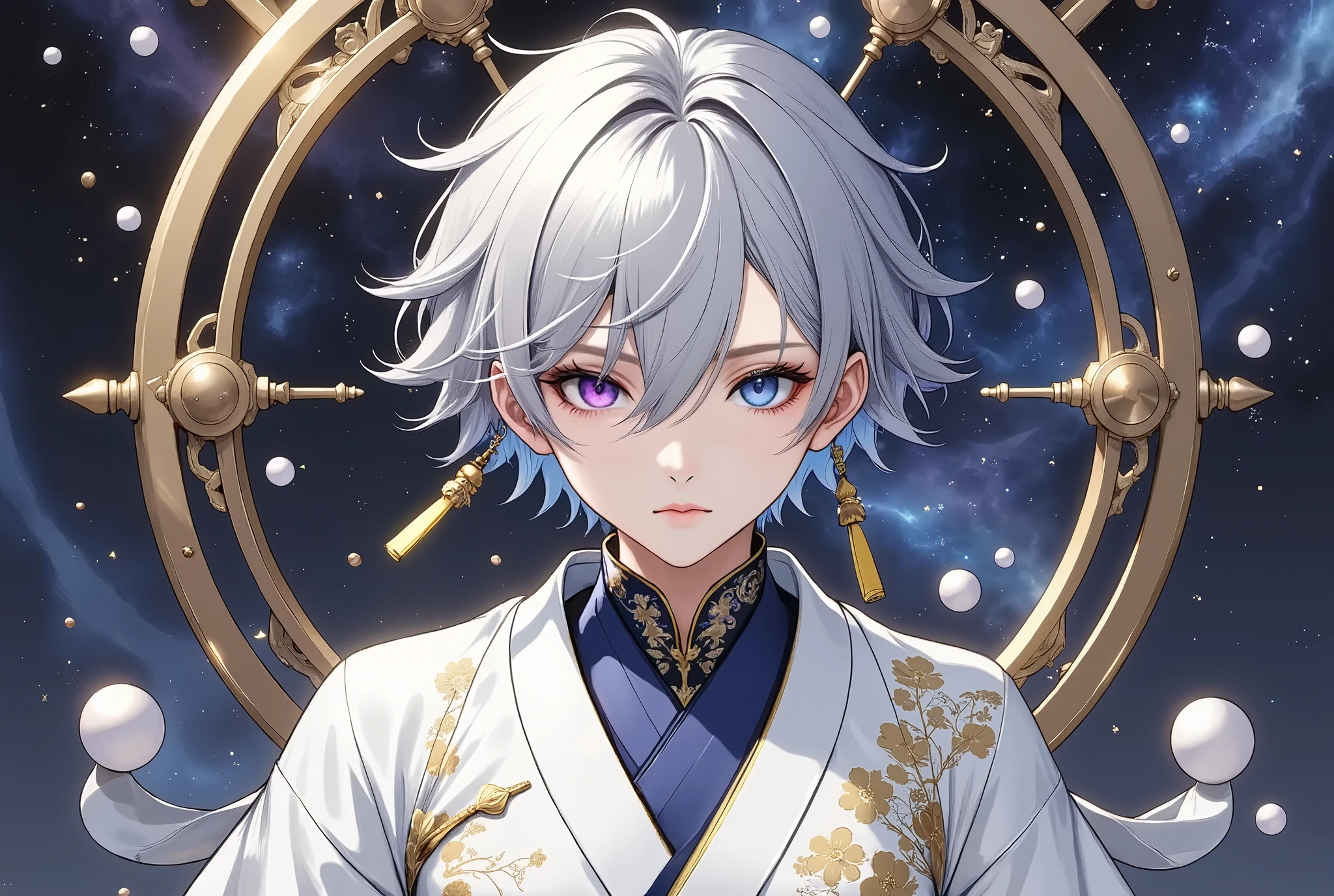  fresh illustration ,
Superfine painting,
 very delicate illustration ,
 Very fine details ,
Picture of only one boy ,
Height: 158cm,
 white skin,
 complete iris heterochromia where the right eye is purple and the left eye is blue,
 beautiful eyes,
 large black pupils ,
 shorthair ,
Gray Hair,
 hair roots are bluish ,
 hair has gradation ,
 shiny hair with makeup,
Beautiful and cute face,
 since age 27,
There is a small shiny rear wheel on top of my head,
 raised eyebrows ,
 and is wearing a kimono on the upper body in kimono,
The lower body is in Chinese style ,
Masculine physique,
 six pack,
 Super Skinny,
No boobs,
The color of the belt is black ,
Overall white clothes ,
 tastefully embroidered with gold thread ,
 fine fabric clothing ,
Isometric,
Golden Ratio,
god々 like atmosphere,
 wearing blue colored padded collar innerwear ,
 outer space ,
Milky Way,
Little Star々 upper body ,
 tactical use of shadows ,
 The ring on the head does not extend beyond the angle of view,
Hair doesn't stick out of the angle of view ,
 waist shot ,

