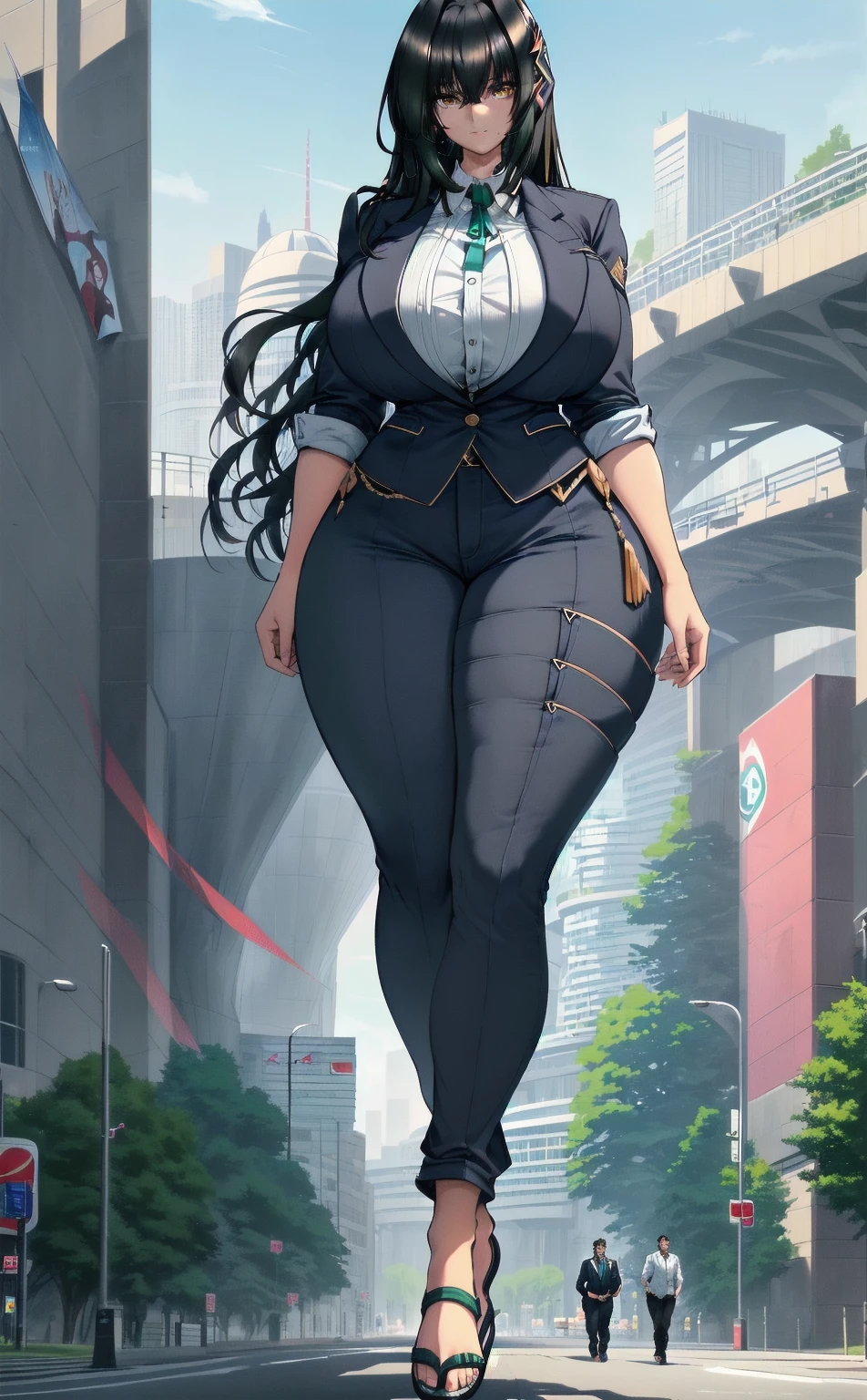 Woman, 21 years old. 1.83m tall, 97kg weight. Wavy black hair with dark green highlights. Mixed Armenian and Chilean heritage. Long legs. Long arms. Very large hands and feet. Thick thighs with firm hip abductor and hip adductor muscles. Pert glutes. Large triceps, slightly pudgy upper arms. Enormous, elongated but very perky breasts. Breasts set far apart. Recent growth spurt. Fresh stretch marks on legs, arms, breasts. Undersized blouse and cropped blazer, tight royal blue capri pants. Strappy leather sandals. Haughty, aloof expression. Long face with full cheeks, prominent cheekbones. Walking in a public plaza. Full body portrait.