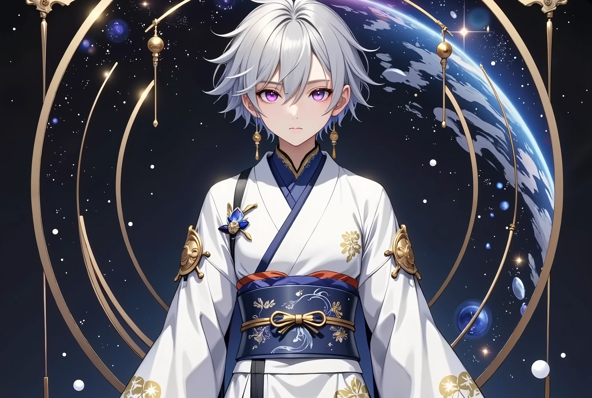  fresh illustration ,
Superfine painting,
 very delicate illustration ,
 Very fine details ,
Picture of only one boy ,
Height: 158cm,
 white skin,
 complete iris heterochromia where the right eye is purple and the left eye is blue,
 beautiful eyes,
 large black pupils ,
 shorthair ,
Gray Hair,
 hair roots are bluish ,
 hair has gradation ,
 shiny hair with makeup,
Beautiful and cute face,
 since age 27,
There is a small shiny rear wheel on top of my head,
 raised eyebrows ,
 and is wearing a kimono on the upper body in kimono,
The lower body is in Chinese style ,
Masculine physique,
 six pack,
 Super Skinny,
No boobs,
The color of the belt is black ,
Overall white clothes ,
 tastefully embroidered with gold thread ,
 fine fabric clothing ,
Isometric,
Golden Ratio,
god々 like atmosphere,
 wearing blue colored padded collar innerwear ,
 outer space ,
Milky Way,
Little Star々 upper body ,
 tactical use of shadows ,
 The ring on the head does not extend beyond the angle of view,
Hair doesn't stick out of the angle of view ,
 waist shot ,

