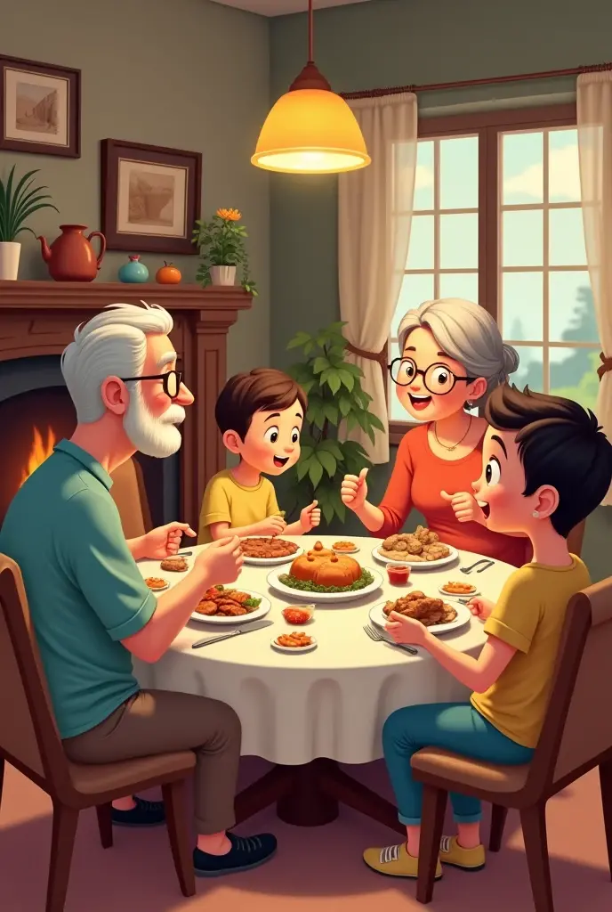 Cartoon of a father, a mother, a grandfather, a grandmother, a son and a daughter in a living room sitting at a table having dinner