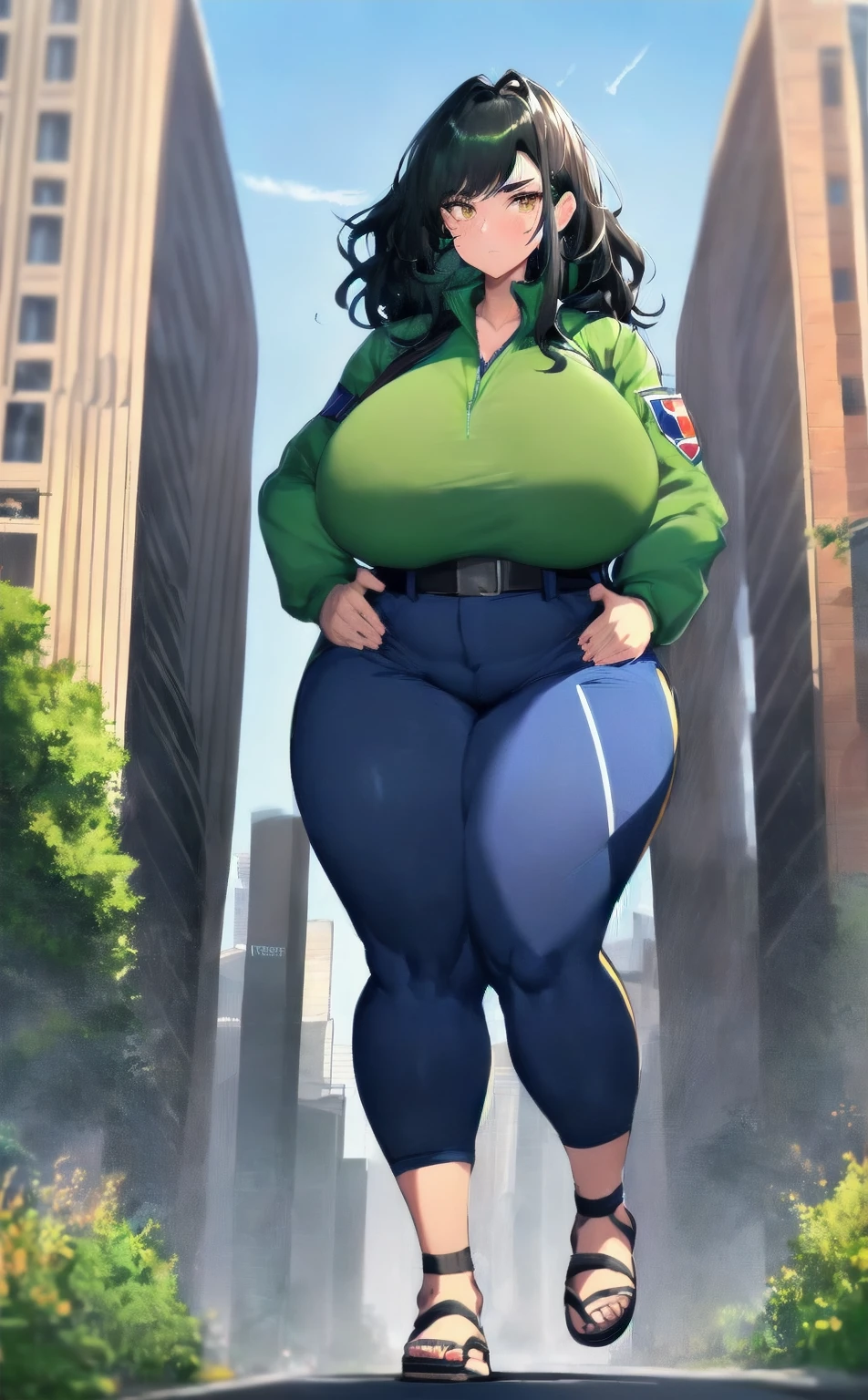 Woman, 21 years old. 1.83m tall, 97kg weight. Wavy black hair with dark green highlights. Mixed Armenian and Chilean heritage. Long legs. Long arms. Very large hands and feet. Thick thighs with firm hip abductor and hip adductor muscles. Pert glutes. Large triceps, slightly pudgy upper arms. Enormous, elongated but very perky breasts. Breasts set far apart. Recent growth spurt. Fresh stretch marks on legs, arms, breasts. Undersized blouse and cropped blazer, tight royal blue capri pants. Strappy leather sandals. Haughty, aloof expression. Long face with full cheeks, prominent cheekbones. Walking in a public plaza. Full body portrait.