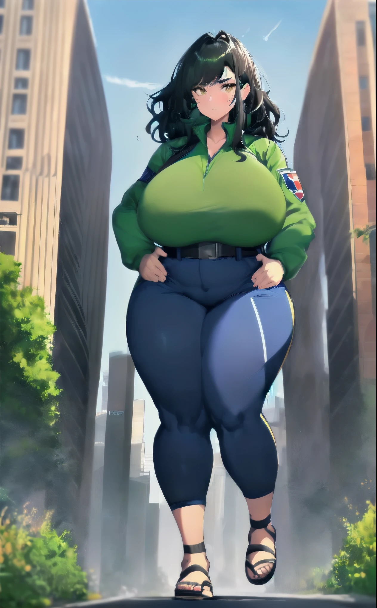 Woman, 21 years old. 1.83m tall, 97kg weight. Wavy black hair with dark green highlights. Mixed Armenian and Chilean heritage. Long legs. Long arms. Very large hands and feet. Thick thighs with firm hip abductor and hip adductor muscles. Pert glutes. Large triceps, slightly pudgy upper arms. Enormous, elongated but very perky breasts. Breasts set far apart. Recent growth spurt. Fresh stretch marks on legs, arms, breasts. Undersized blouse and cropped blazer, tight royal blue capri pants. Strappy leather sandals. Haughty, aloof expression. Long face with full cheeks, prominent cheekbones. Walking in a public plaza. Full body portrait.