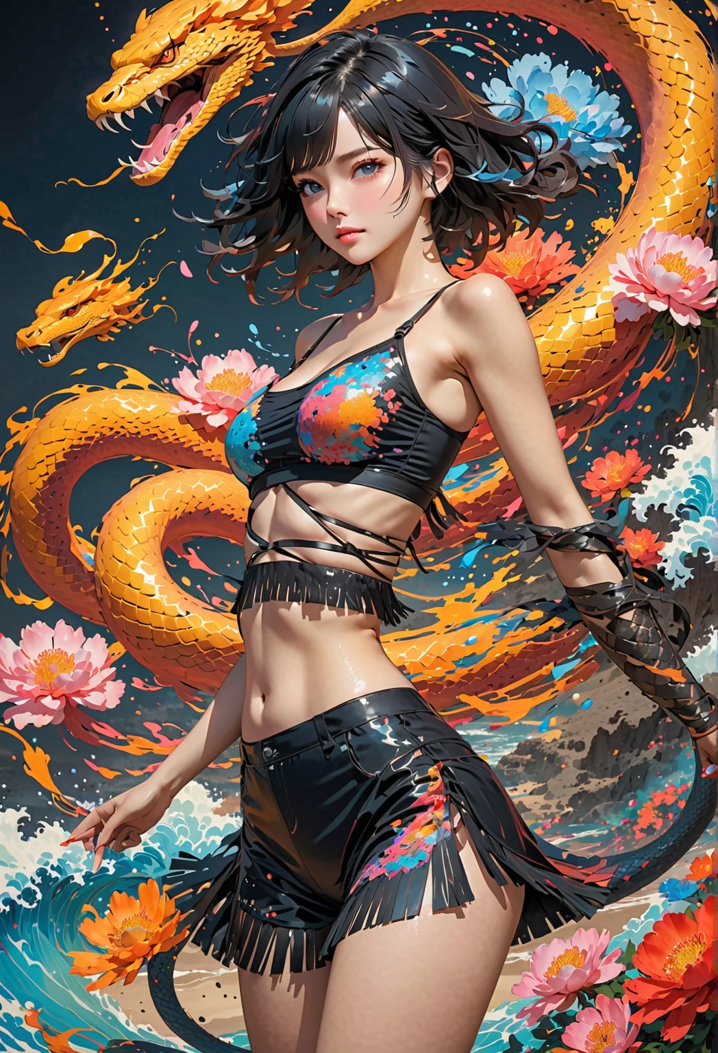 absurd, highres, ultra detailed, (ultra-detailed background, detailed background), extremely detailed, flame demon woman, adult woman, perfect adult face, 35 years old, (zentangle:1.2), (geometric:1.2), colorful, full body, sexy pose, short clothes, dragon tattoo, stars, tiny thong, almost naked, muscular, perfect body, vietnamese ornaments, demon of japanese culture