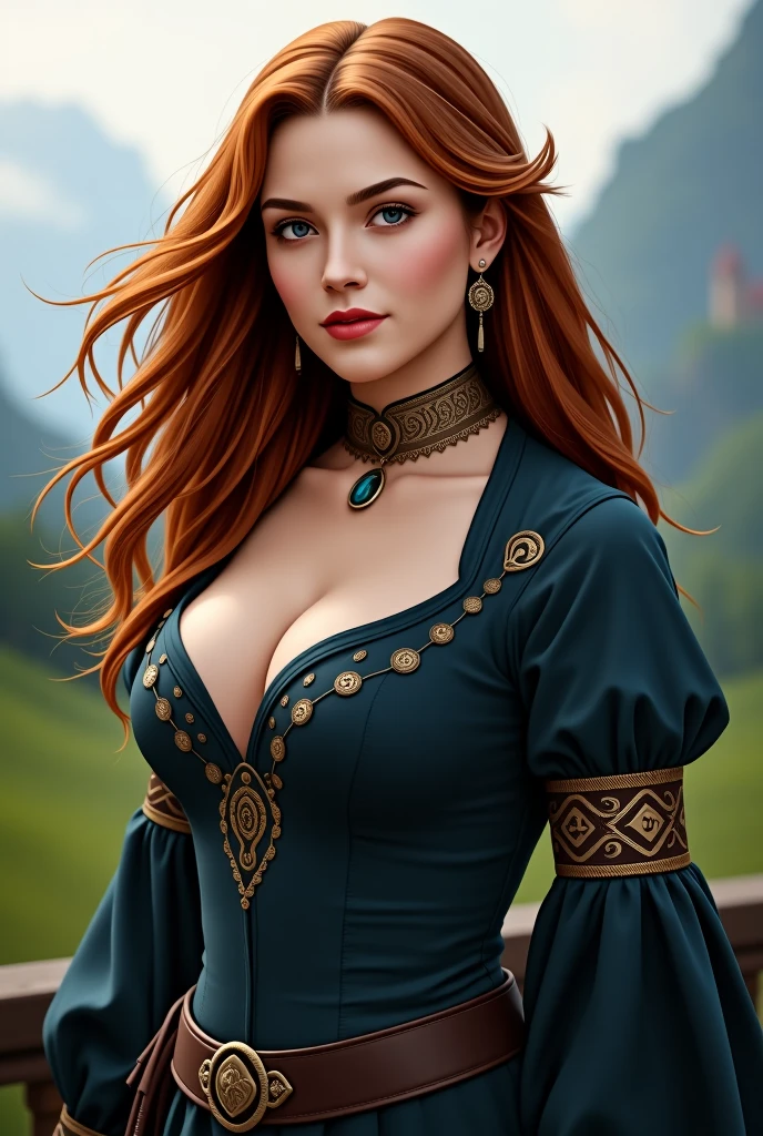 Dominant Stark, Lady of the Winterfell, queen in north. Confident, powerful, hard, intelligent, Full Face, pierced eyes, deep red hair, full body shot, Mediaeval costumes, game of thrones costumes,grey silk and wolf pelt, large round breasts. leather and fur clothes, VikAr, epiCPhoto