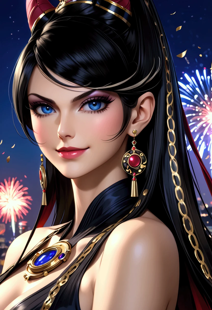 (masterpiece, best quality, very aesthetic, absurdres), (8k, RAW photo, best quality), (extremely detailed wallpaper), perfect body, anatomically correct, beautiful face, beautiful eyes, natural make-up, delicate features, smooth skin, 1girl, adult woman, Bayonetta, , , blue eyes, black hair, bangs, hair horns, multicolored hair,streaked hair, makeup, lipstick, perfect eyes, Expressiveh, eye catching, night scene, new year , fireworks display, night sky, joyful smile, confetti, city skyline background, dramatic lighting, cinematic scene, warm atmosphere, soft focus, New Year's Eve, ((decorated to celebrate a new year. The words "A HAPPY NEW YEAR" are made of gold balloons on the wall. looks at the viewer))