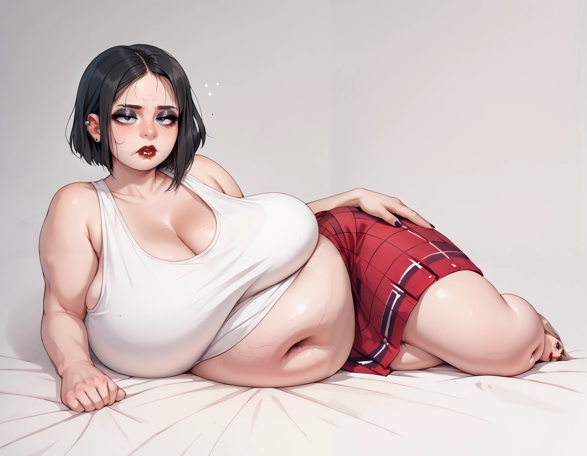  Anime goth girl with an inflated belly, hair in face,  (tired emotions), deep navel, (red lips, pale face, dark eyeshadow) skinny legs, skinny hips, (score_9, score_8_up, score_7_up) , gigantic heavy breasts, ((low cut tanktop)) (heavy saggy breasts), plaid skirt, hud_pr0ppedup, lying, on side big belly, belly inflation,  stuffed belly, bloated
full body, (massive saggy cleavage)