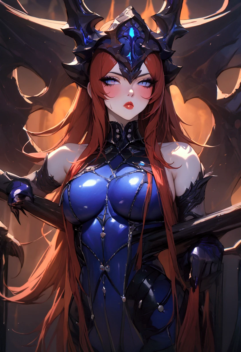 Tall beautiful woman ((sexy)) ((redhead)) of (armor) ((sensual)) ((sexy pose)) sample breasts (((thick thighs)) (tongue) ((diaba)) tower((gothic)) ((well detailed)) (((high resolution)) ((high quantity image)) (full hd)