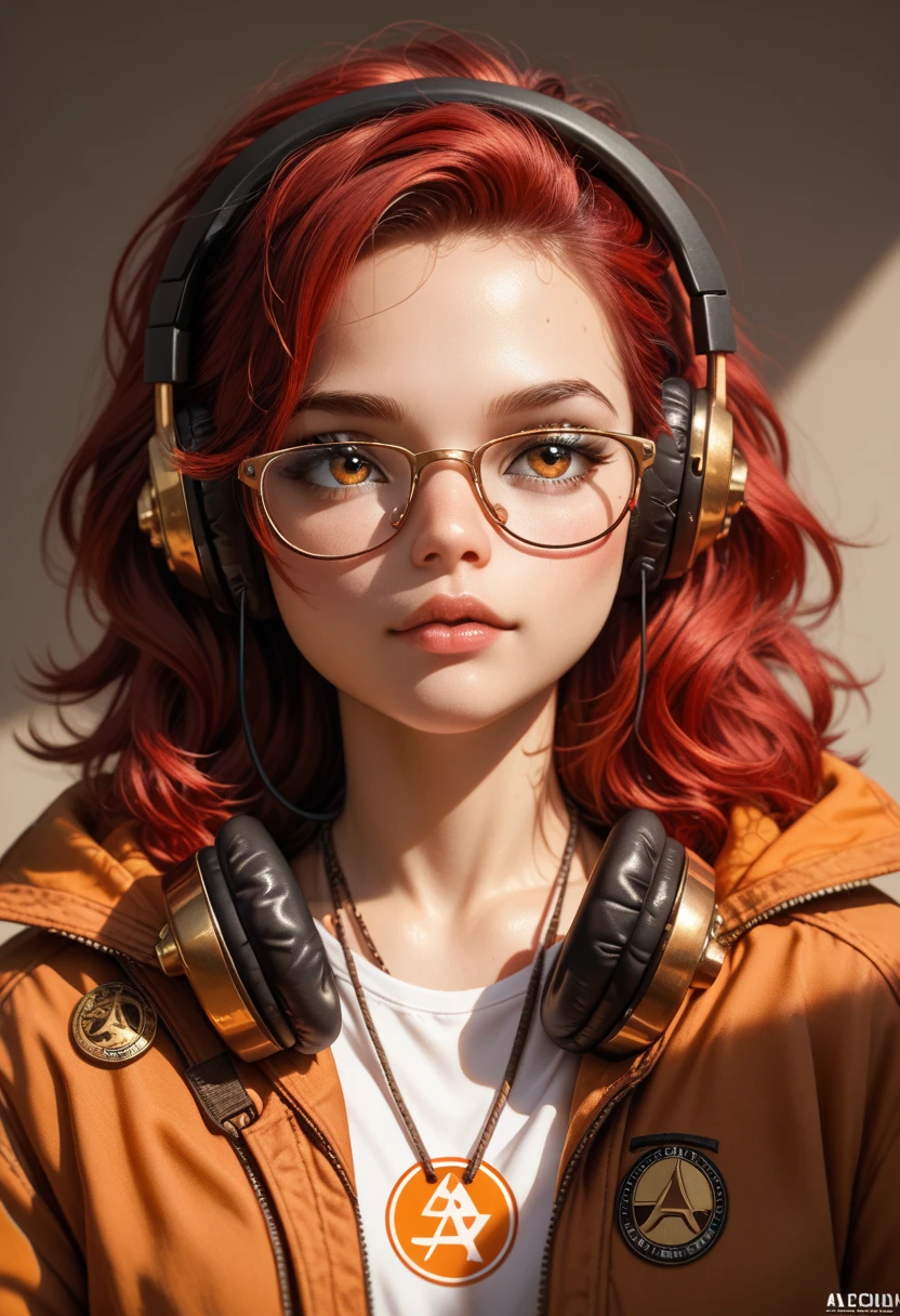 Young woman, Glasses, headphones, logo, avatar, Red with Black, Intertwined, Rope, Small Golden Patches, Clear drawing, bright colors, clear detail