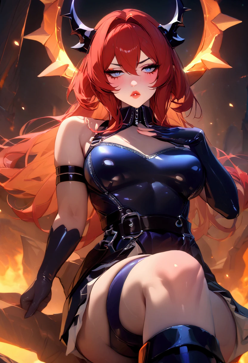 Surtr, Night view, Beauty, Beautiful eyes, blush, uhd, retina, masterpiece, ccurate, anatomically correct, textured skin, super detail, high details, high quality, best quality, highres, knee high boots, gloss lips, lipstick, 4K, eyeshadow, eyeliner, blush, red hair, long hair, lipstick, long eyelashes, evil grin, blue latex, puckered lips, shiny lips,