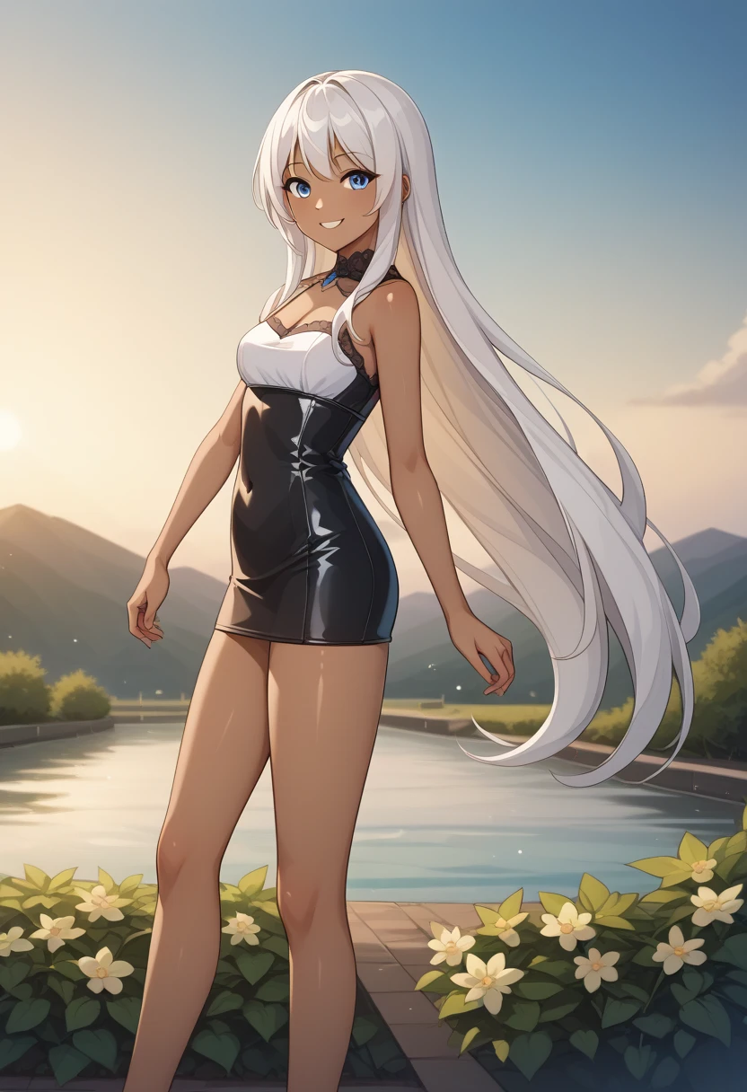  top quality 、One 、Extremely small bust 、 slender body、Bright white hair、 brown skin next to a woman、 long hair、 straight hair 、 blue eyes、 is standing、With a girl in a black and white dress　、whole body、 slender body、Slender legs、garden、blue sky、smile