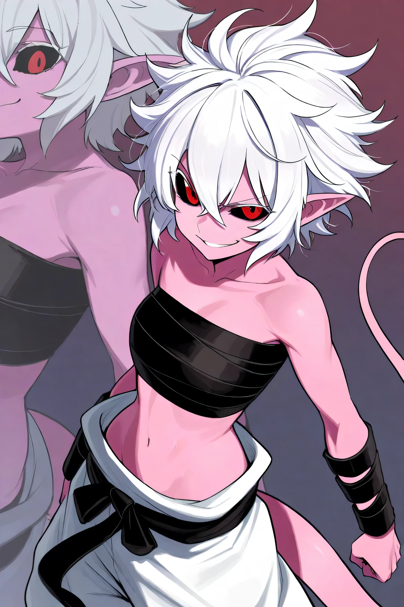 Dark-skinned tomboyish woman, black dragon horns on head, short puffy Android 21 silver hair, violet eyes, long pointy ears, dragon scales on skin, gold earrings, mischievous smile, white cropped halter top, dark blue jeans, black studded belts, jean chains, hands on hips, powerful pose, dark gradient background, detailed face, 1girl