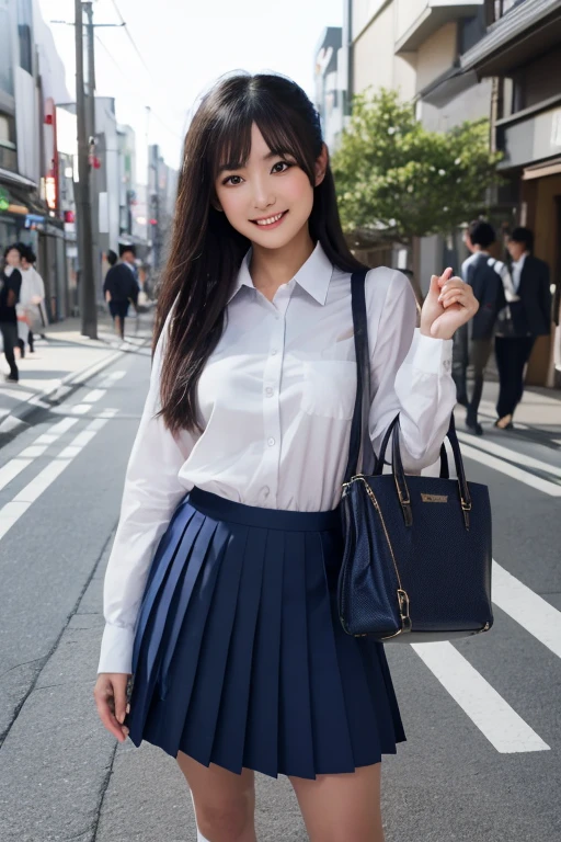 highest quality、masterpiece、live-action、Realistic、High resolution、4k、Japanese、whole body、Black Hair、Hair tied up、Japanese high school students、Cute Girls、18-year-old、White blouse、Checked mini skirt、cardigan、A happy look、smile、Eat a crepe、The background is the streets of Harajuku -- 9:16