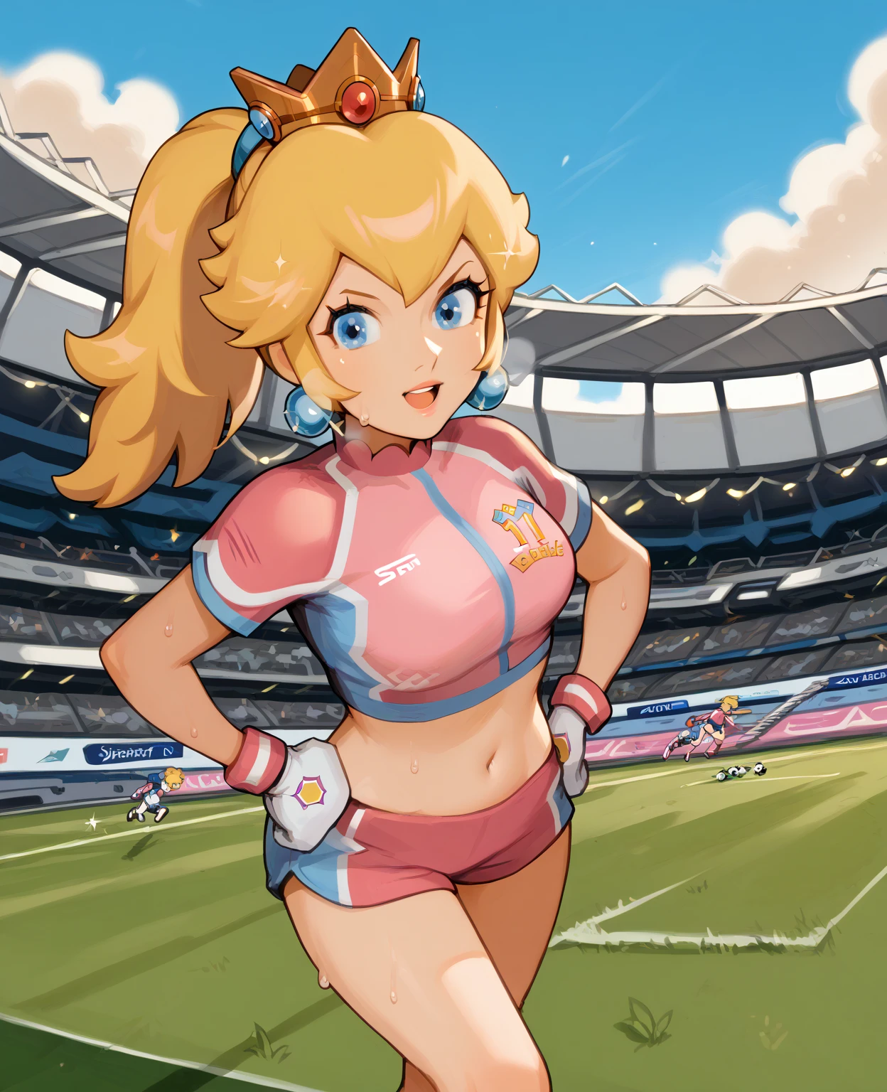 score_9, score_7_up, solo, 1girl, IncrsPchStriker, smirk, looking at you, running, long hair, blonde hair, blue eyes, ponytail, sportswear, midriff, crop top, navel, soccer uniform, short sleeves, short shorts, pink shirt, white gloves, crown, jewelry, earrings, blue sky, cloud, outdoors, stadium, grass, out of breath, sweaty, sweating, tired exporession, open mouth, hands on hips