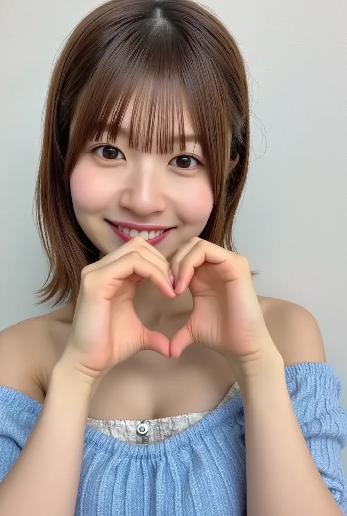 She is in an attractive off-the-shoulder posture,  I'm making a heart shape with both hands ,  Cute Smile Up、  it's on a monotone background

