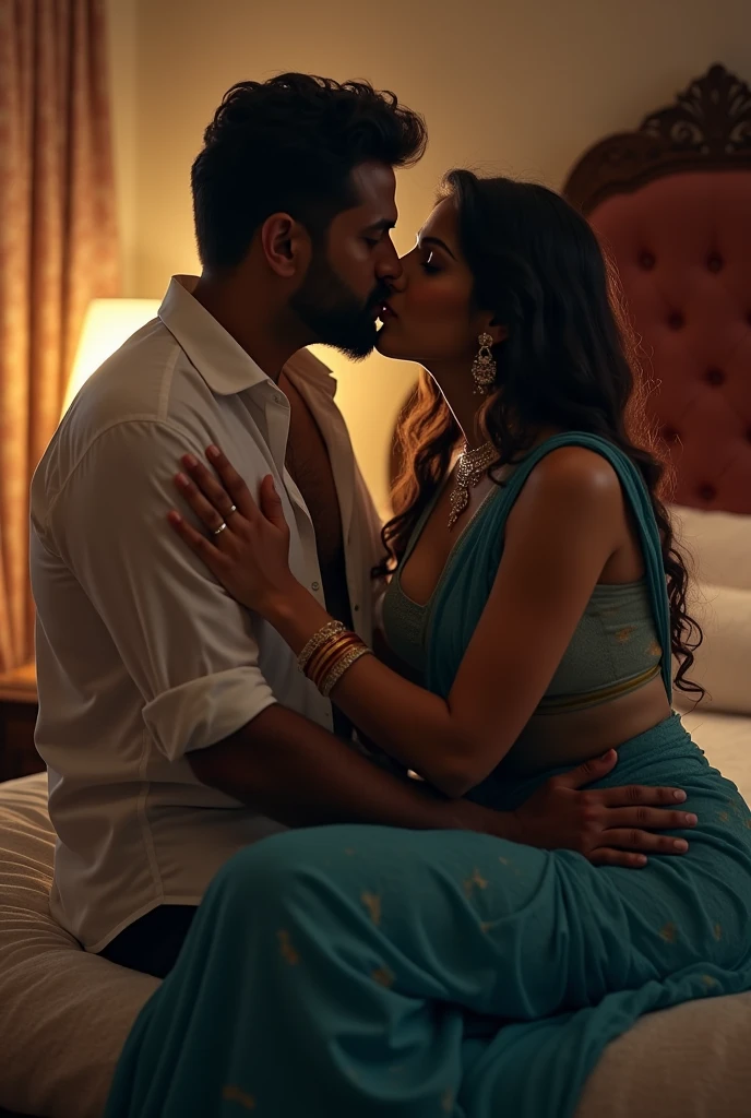 A radiant, full-figured plus sized South Indian 45 year old curvy bride wearing a off white colour silky saree affectionately standing hugging and kissing a 23 year old man in a bed room, , captured in a full-body image with vibrant hues and meticulous details. Full body image