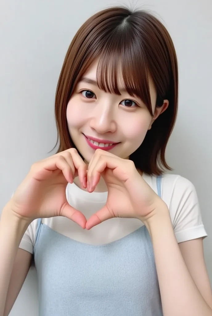 She is in a position wearing a t-shirt,  I'm making a heart shape with both hands ,  Cute Smile Up、  it's on a monotone background

