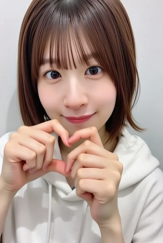 She is in an attractive hoodie posture,  I'm making a heart shape with both hands ,  Cute Smile Up、  it's on a monotone background

