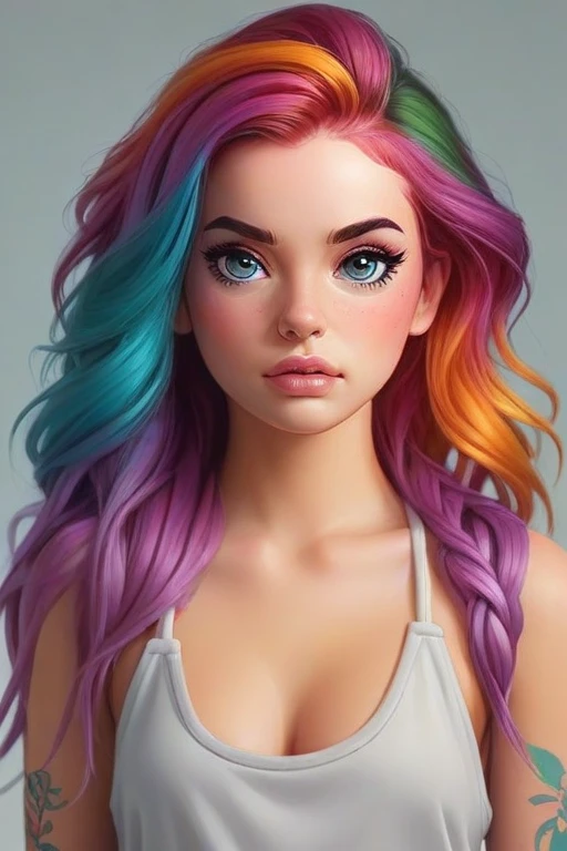 hyper realistic portrait painting of a proud  beautiful woman with  multi-tied hair multicolored hair wearing romper  by Irakli Nadar 