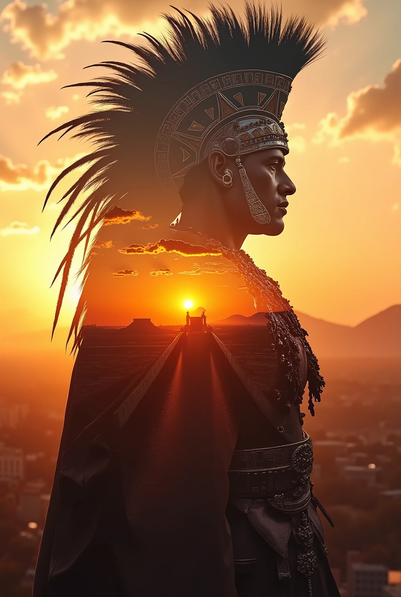 high quality, 8K Ultra HD, a beautiful double exposure that combines the silhouette of Aztek Emperor Moctezuma with the avenue of Teotihuacán City at sunset, the sunset avenue should serve as the underlying background, with its details incorporated into the Emperor, lines sharp, background is monochrome, sharp focus, double exposure, by yukisakura, stunning in full color,
