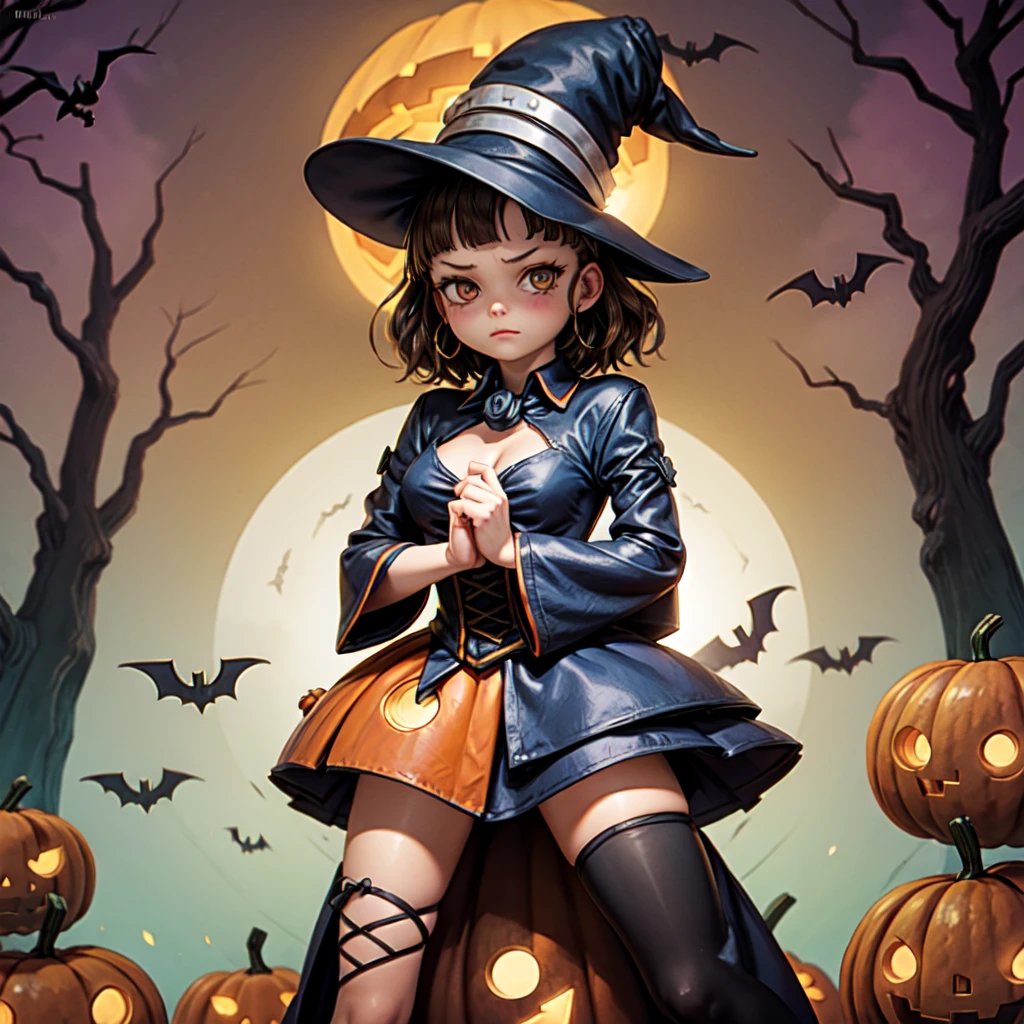 1girl as witch,(official clothing: 1.4),Beautiful,Looking at the camera,big eye,Laughing,Raise cheeks,black witch hat, light black clothes, shortstackbt,Clothes with open chest,stockings, 
