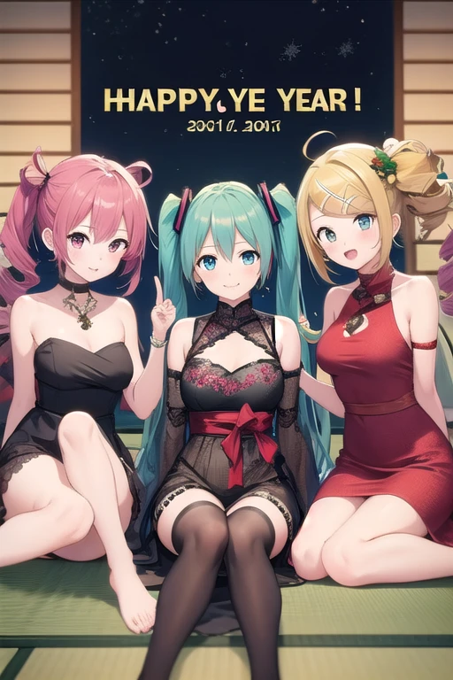 ((best quality)), ((masterpiece)), (detailed),4 girls, kasane teto。 Hatsune Miku 。Megurine Luka。Kagamine Rin。We got together and chatted on New Year's。Festive attire。 dress。New Year decorations。Kagami mochi。tatami。sitting sideways。