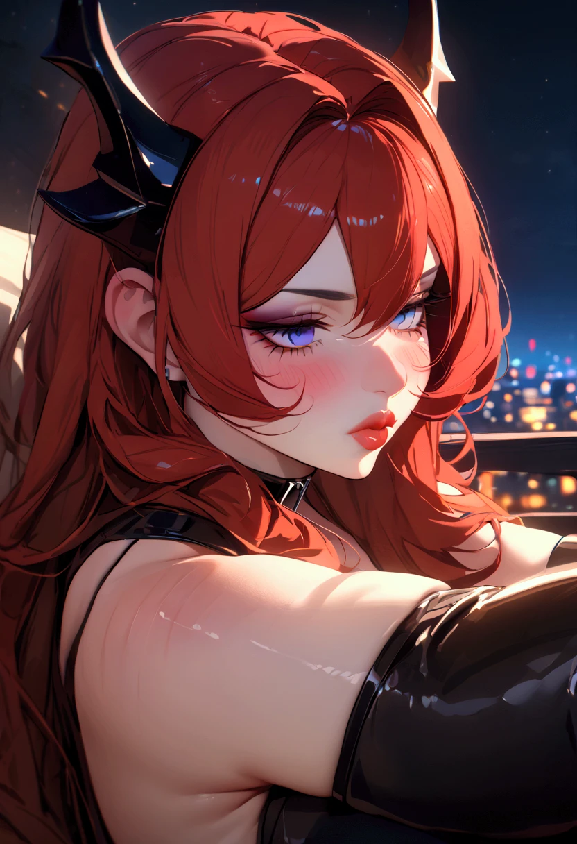 Surtr, Night view, Beauty, Beautiful eyes, blush, uhd, retina, masterpiece, ccurate, anatomically correct, textured skin, super detail, high details, high quality, best quality, highres, knee high boots, gloss lips, lipstick, 4K, eyeshadow, eyeliner, blush, red hair, long hair, lipstick, long eyelashes, latex, puckered lips, shiny lips,