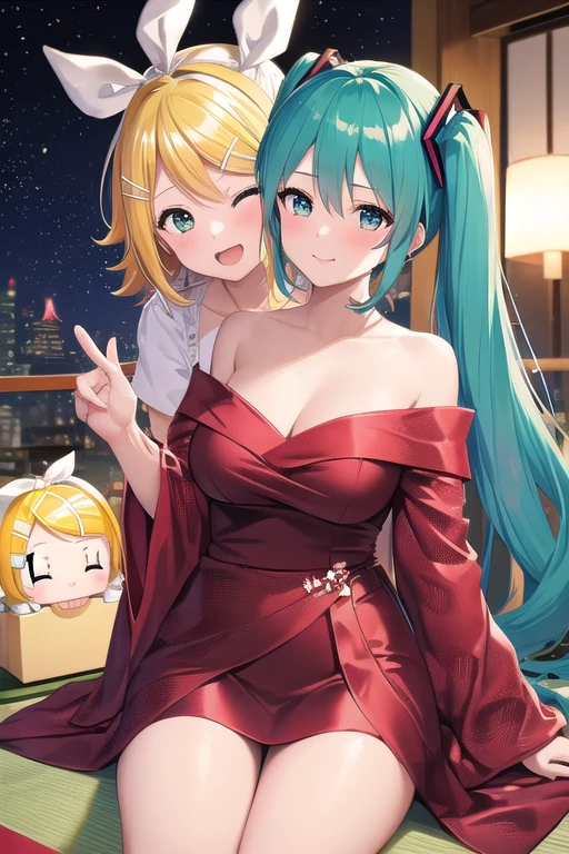 ((best quality)), ((masterpiece)), (detailed),4 girls, kasane teto。 Hatsune Miku 。Megurine Luka。Kagamine Rin。We got together and chatted on New Year's。Festive attire。 dress。New Year decorations。Kagami mochi。tatami。sitting sideways。The letters Happy New Year come to mind。