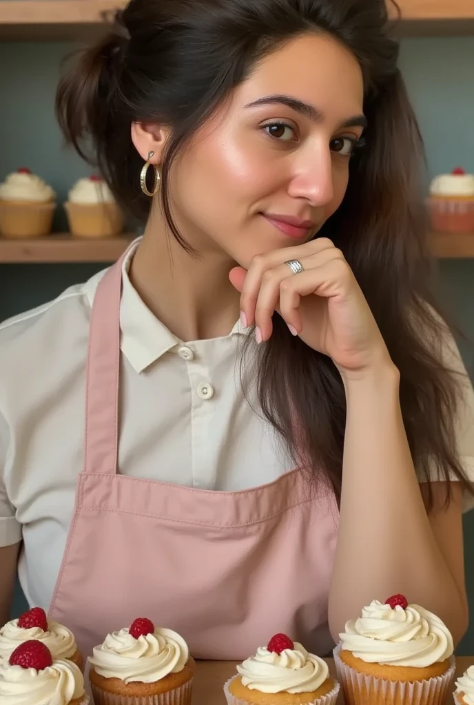  
Spanish old master painting of a busty american brunette girl, 24 years old. baker's apron, modestly dressed, detailed eyes and face,ultra detailed messy hair,Attractive appearance,confident look,long eyelashes,beauty,sexy brunette, fairys hiding behind cupcakes, sharp focus,vivid colors, bakery, baking cupcakes, studio lighting