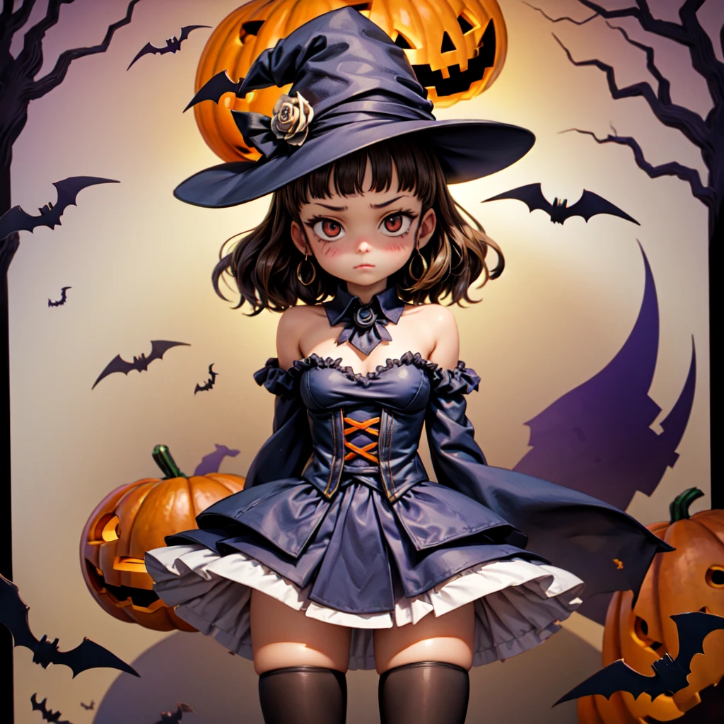 Curvaceous,1 young girl,1 Sitting on a Spooky Pumpkin,full-body view,Witch bikini outfit,Tall witch hat,Thigh_highes,Micro mini skirt,Large_lower back,Spooky,ghosts, Halloween,Blushing,Ahegao_Face, huge tit、cleavage of the breast、A dark-haired,Purple eyes, big eye、kawaii eyes、Heart-shaped_Pupils,long_hair,small waist,detaileds,