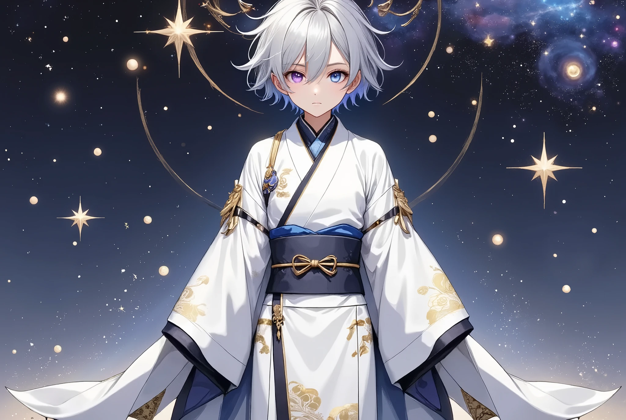 Fresh illustration,
Ultra-fine drawing,
Very delicate illustration,
Very fine details,
Drawing of a boy alone,
Height 158cm,
Fair skin,
Right eye is purple and left eye is blue, complete heterochromia,
Beautiful eyes,
Large black pupils,
Short hair,
White hair,
Hair roots are bluish,
Hair has a gradient,
Shiny hair,
Beautiful and cute face,
Smiling,
A small shiny halo on top of the head,
Eyebrows raised,
Upper body in traditional Japanese clothing wearing a kimono,
lower body is Chinese style,
masculine build,
six pack,
super small breasts,
no boobs,
belt color is black,
all white clothes,
tasteful embroidery with gold thread,
clothes with high quality texture,
isometric,
golden ratio,
divine atmosphere,
wearing an indigo-colored stand-up collared inner,
outer space,
galaxy,
countless small stars,
tactical use of shadow,
ring on head does not go beyond frame,
hair does not go beyond frame,
waist shot,