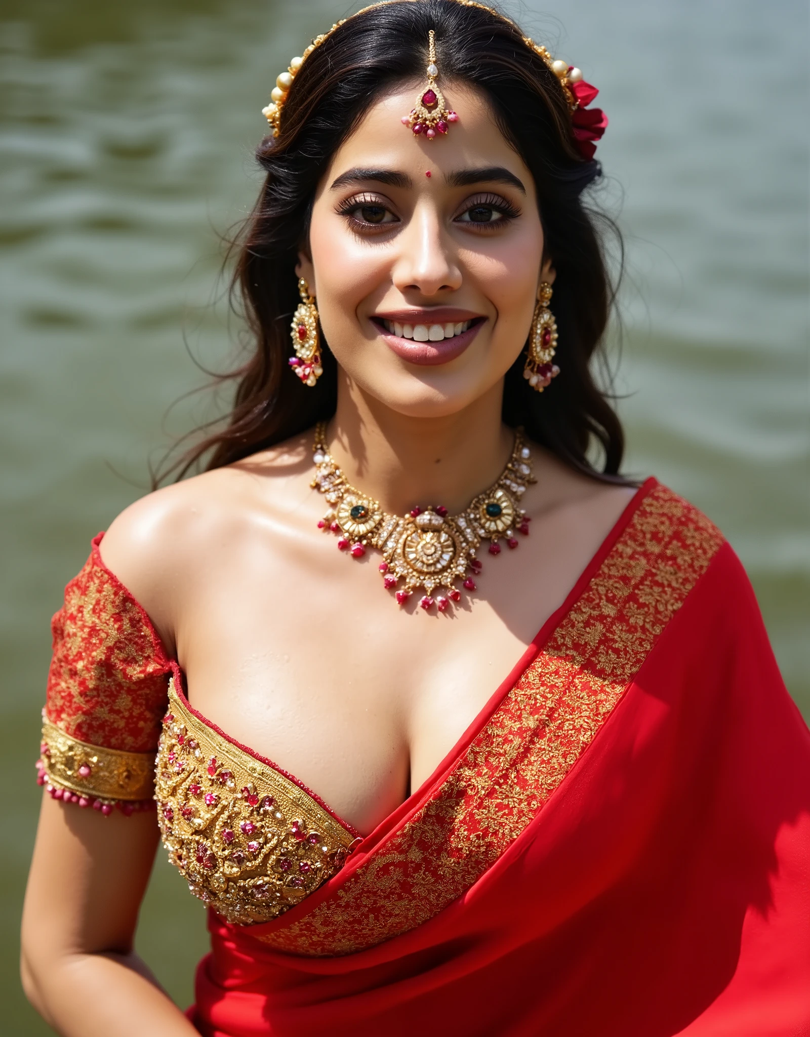Beautiful sexy thick indian woman, wearing traditional Indian saree with jewelleries, sexy red bridal saree, with sexy golden blouse, sexy attractive curvy woman, huge breast, downblouse, cleavage, beautifull attractive curvy woman, seductive look, highly detailed skin and face texture, happy face , natural cute, white teeth, smile, skin details, halft body shot image, looking in camera , morning, taking bath in a lake, wet body and hair, water droplets on face and body, outdoor, sunrays, sexy pose, hyper realistic, 4k, cinematic masterpiece