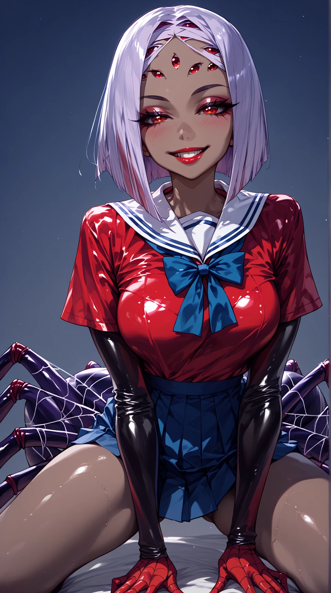 (sexy girl:1.65),( Sexy BODY:1.4),(greasy dark skin :1.8), 1 young beautiful woman,(masterpiece:1.3, top quality :1.3, very detailed depiction:1.3, Incredible High Definition :1.3,High quality anime drawings),(arachne:1.5, shiny latex skin、 high school girl uniform with the upper half tied ),( red eyes,Vertically drawn pupils, half-closed eyes:1.3, huge boobs, seductive smile,Glossy lipstick, flashy makeup,Seductive gestures,Curvy Body,High quality skin,),spider legs,spider&#39;s Thread, spider webs ,(arachne girl:1.5, dribs and drabs, spider legs:1.5)、(Spider Torso  ), (oily skin,  Beautiful Woman's Face)