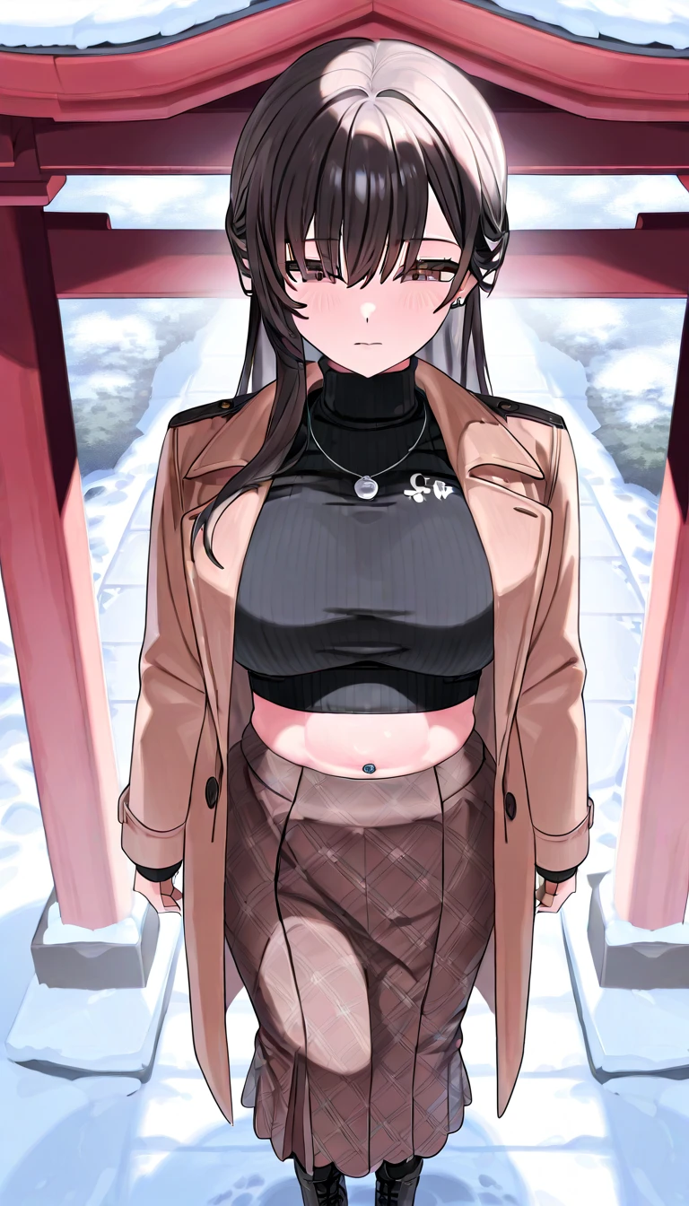 masterpiece、1girl ,  soft light、black hair , brown eyes , A girl with long black hair walks through a shrine、Belly button exposed、 brown coat 、Panther pattern long skirt 、(Black knit)、 turtleneck、 black boots 、 belly button piercing 、snow