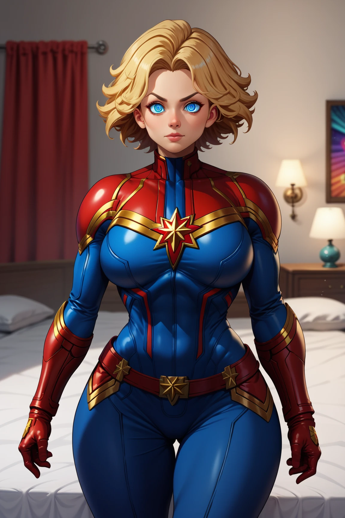 viejos feos muy grande viejos gordos viejos manosean  a la Captain Marvel,  futuristic laboratory background, hypnosis, futuristic bed , dark,  sexy girl, Alone,  big breasts,  wide hips,  thick thighs in bed,  big ass, Captain Marvel,  cptmvl ,  blond hair ,  short hair, Blue eyes,  red and blue body suit, red gloves,  belt,  big breasts, en un Laboratorio dark,  front view