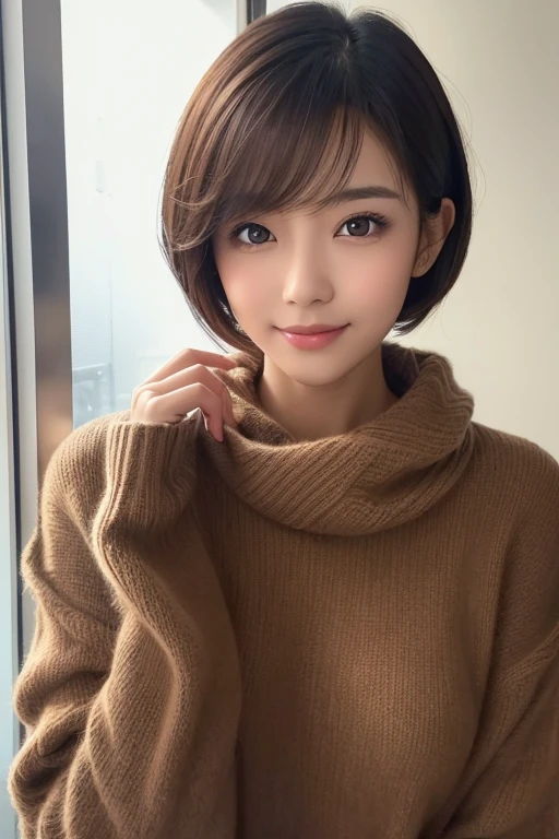 highest quality, 8K, High resolution, masterpiece, best pictures, (Slim body type), hourglass body shape, 1 Japanese woman, detailed and beautiful eyes, Super detailed, detailed face, in the hotel lobby, photo from the waist up, short hair, plain thin knit sweater, small breasts, (view audience)