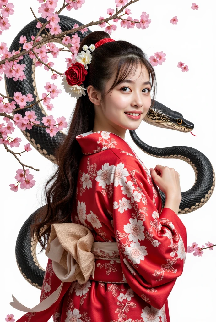 hyper Realistic, ultra detailed, best quality, absurdres, 1girl, young woman, smile, beautiful long hair, beautiful kimono, kosode, Snake-like stance, Martial arts mastery, background white,  background ink painting large snake and cherry blossoms