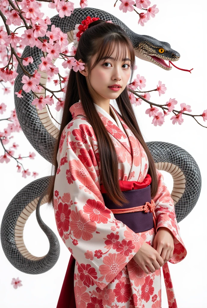 hyper Realistic, ultra detailed, best quality, absurdres, 1girl, young woman, smile, beautiful long hair, beautiful kimono, kosode, Snake-like stance, Martial arts mastery, background white,  background ink painting large snake and cherry blossoms